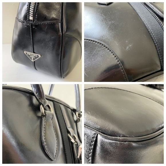 Prada RARE black shiny leather striped bowling bag satchel - Picture 5 of 13